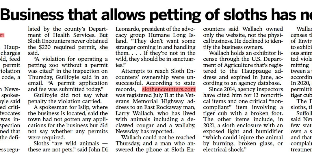 Suffolk County Department of Health cites Sloth Encounters for operating without a permit